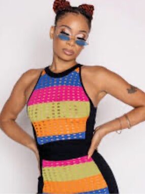 Capsulle Vibrant Rainbow Dress With Fringe Bottom And Halter Size M
